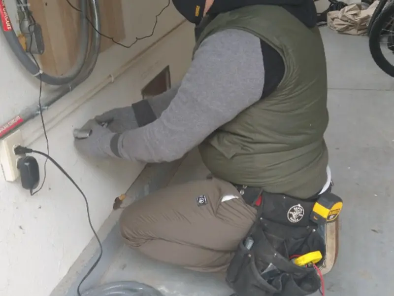 Electrician performing outlet wiring in a Plain City garage